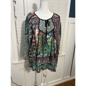 Life Style Paisley Multicolor Tie Neck Cotton 3/4 Sleeve Tunic Blouse 1X